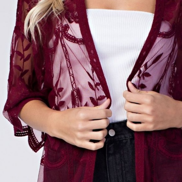 1 left- Red Lace Sheer Embroidered Kimono Cardigan - Picture 4 of 5